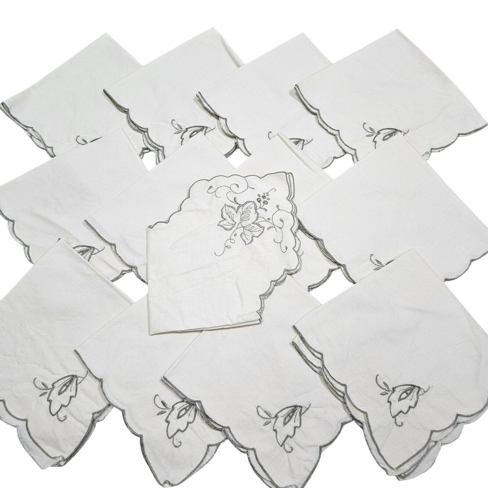 Vintage MCM Linen Embroidered Table 12‎ Napkins Table Centerpiece Set White Gray